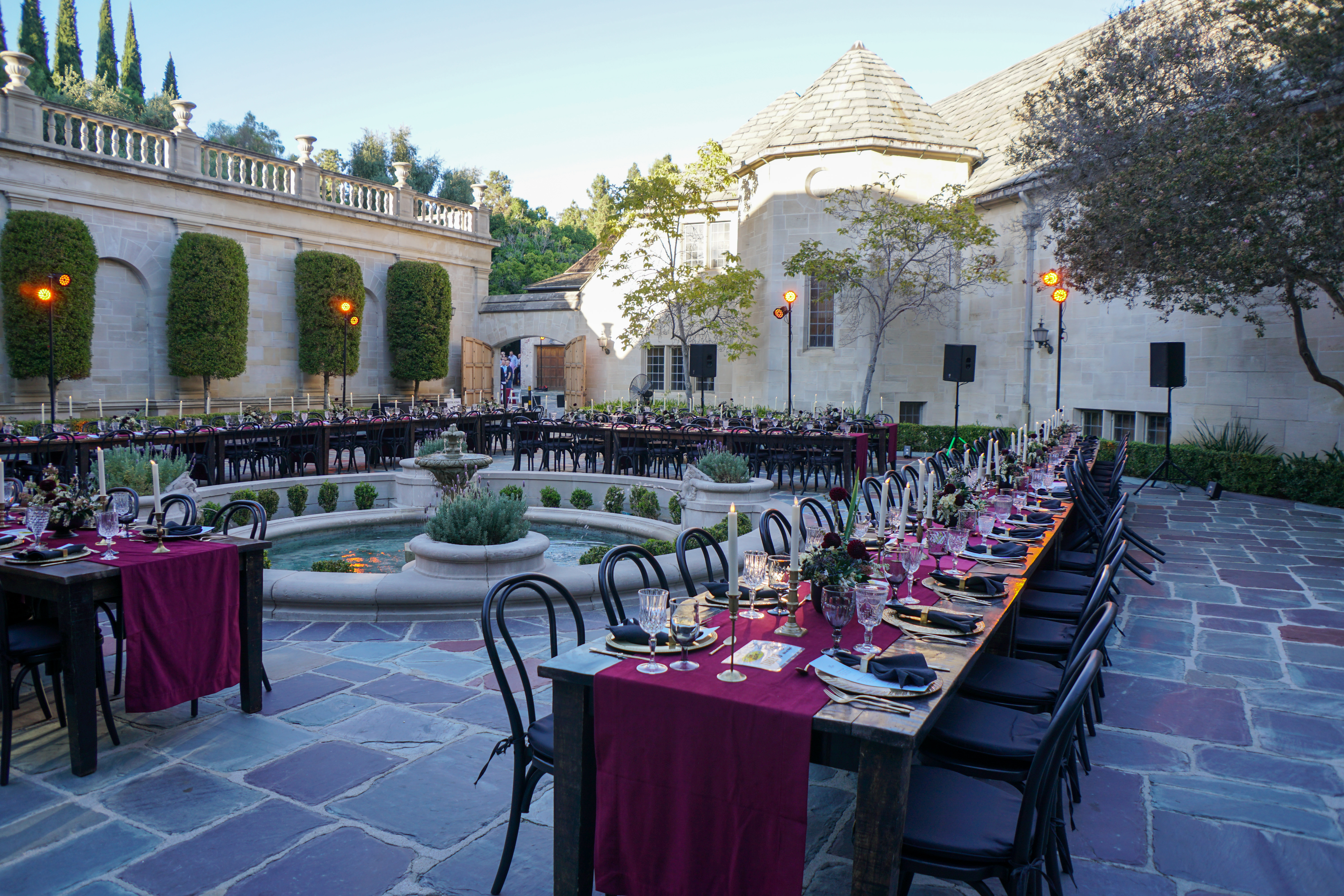 Formal reception table setting for an estate wedding